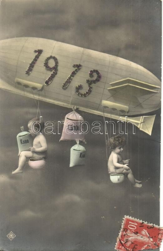 1913 New Year, airship, babies, money, 1913 Újévi gyermekes képeslap léghajóval