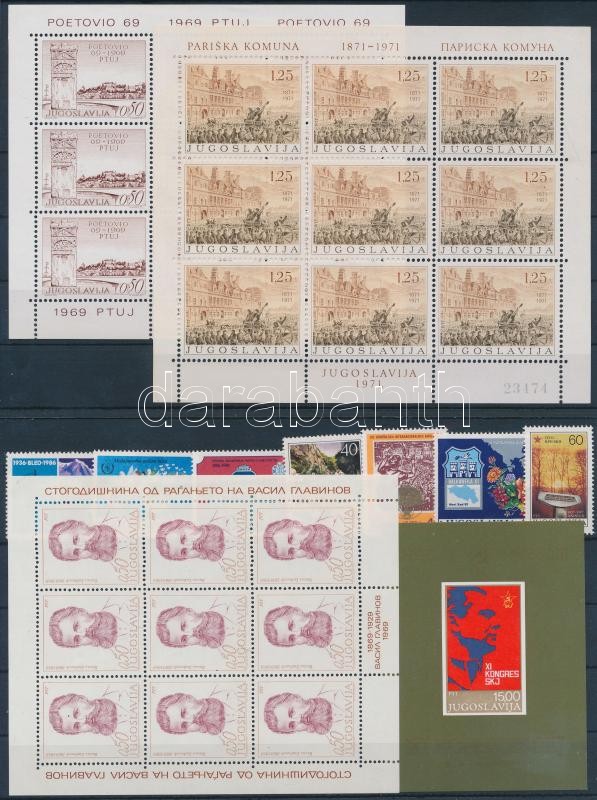 Jugoszlávia 1969-1987 2 klf kisív + 1 blokk + 7 klf önálló érték 3 db stecklapon, Yugoslavia 1969-1987 2 diff minisheets + 1 block + 7 diff stamps