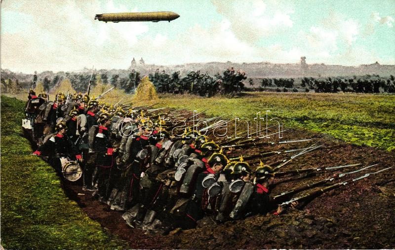 I. világháborús német gyalogság, árokharc, léghajó, WWI German infantry, trench warfare, airship