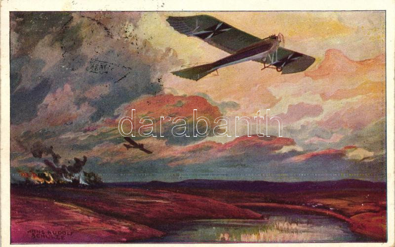 Militärtaube auf Erkundungsflug bei den Masurischen Seen; Deutscher Luftflotten-Verein / German aircraft s: Hans Rudolf Schulze, Német felderítő repülőgép a Mazuri-tavak felett s: Hans Rudolf Schulze