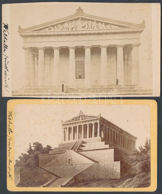 cca 1880 Németország, Walhalla, a hírnév temploma, 2 db feliratozott vizitkártya méretű keményhátú fénykép, 6x10 cm