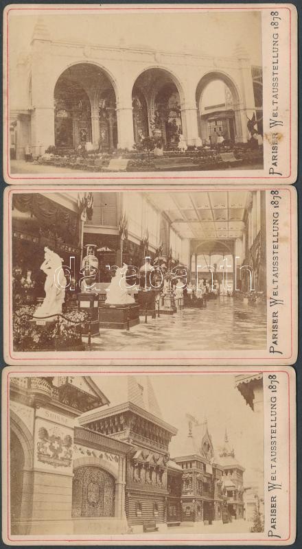 1878 Párizsi Világkiállítás olasz, svájci és orosz pavilonja, 3 db feliratozott vizitkártya méretű keményhátú fénykép, 6x10 cm