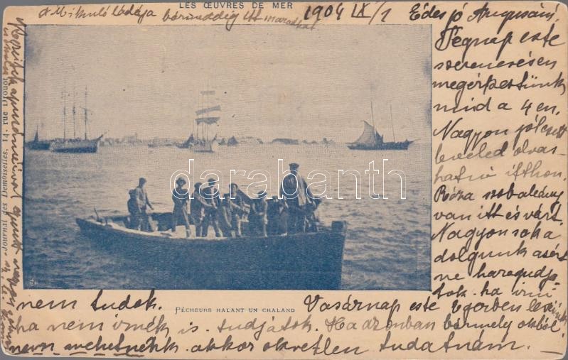 Pecheurs Halant un Chaland / Fishermen, Bárkát vontató halászok.