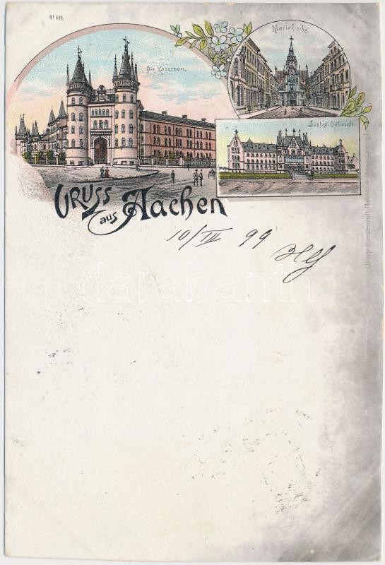 1899 Aachen, Kasernen, Mariakirche, Justiz-Gebauder / barracks, church, Palace of Justice, floral litho (cut)