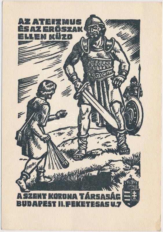 Hungarian anti-ateist and anti-violence propaganda s: K.L., Az ateizmus és az erőszak ellen küzd a Szent Korona Társaság s: K.L.