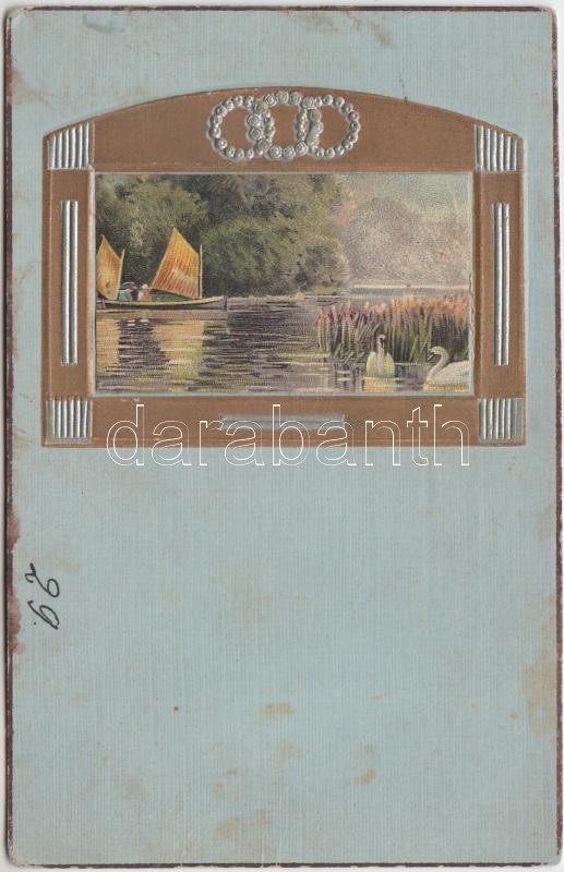 Hajó, Art Nouveau, ezüst Emb. litho, Boat, Art Nouveau, silver Emb. litho