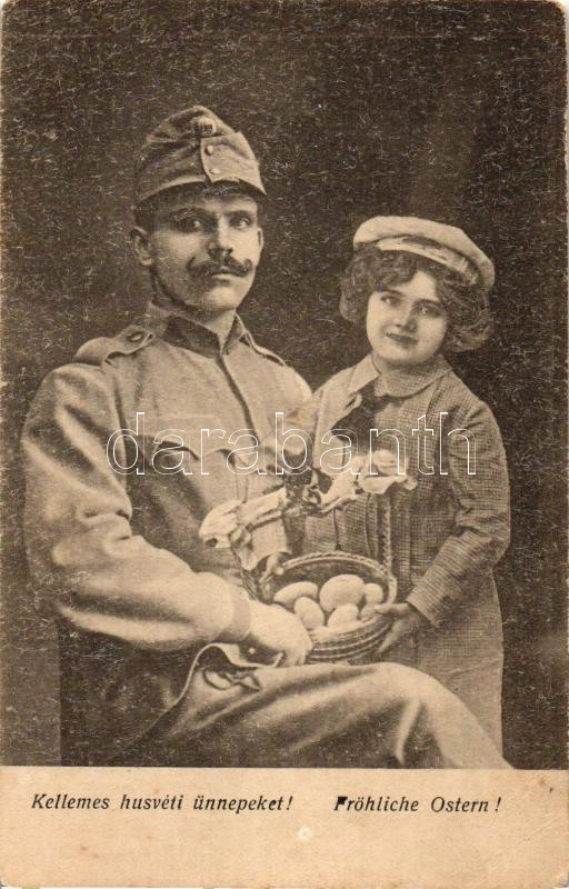 Easter, Hungarian soldier, girl, Kellemes húsvéti ünnepeket. Katona kislánnyal