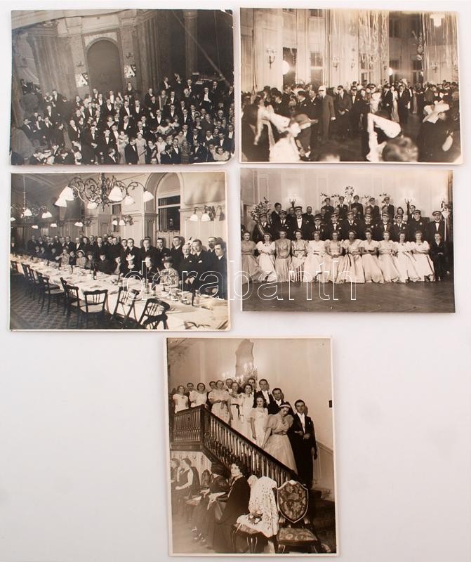 cca 1935 Társasági élet Budapesten, bankettek, bálok, vacsorák, 5 db fotó, 18x24 cm