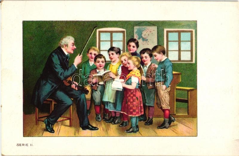 children's flour, advertisement, children at music class, Serie II. litho, Nestlé-féle gyermekliszt Serie II. litho