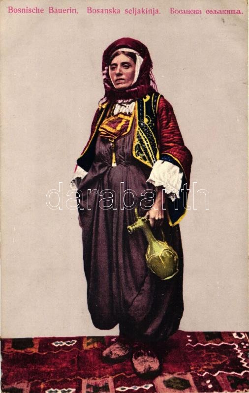 Bosnian peasant woman, folklore, Boszniai földműves asszony népviseletben.