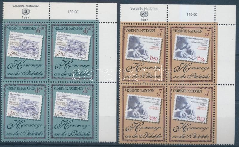 Bélyeggyűjtés sor ívsarki négyestömbökben, Stamp collecting set in margin blocks of 4