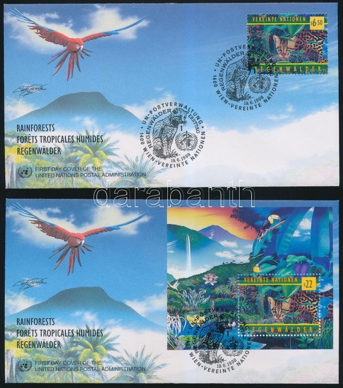 Protecting tropical rainforests stamp + block on 2 FDC, Trópusi esőerdők védelme bélyeg + blokk 2 FDC