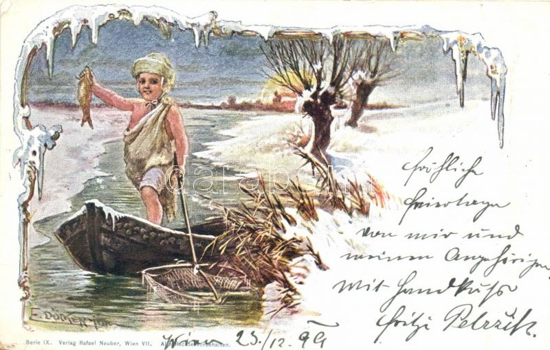 1899 Fishing child, Rafael Neuber, Wien, Serie IX. s: E. Döcker, 1899 horgászó gyerek, Rafael Neuber, Wien, Serie IX. s: E. Döcker