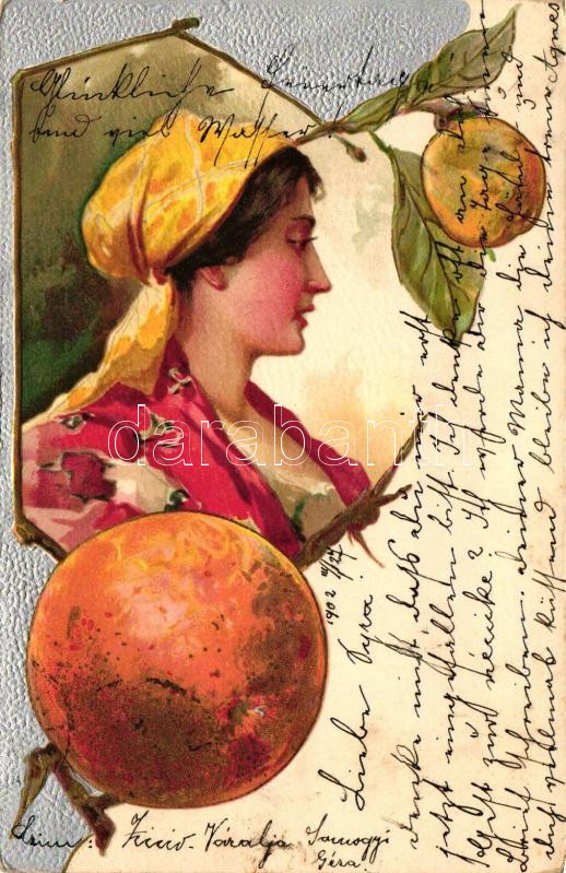 Hölgy, Emb. litho, Lady, fruit, Emb. litho