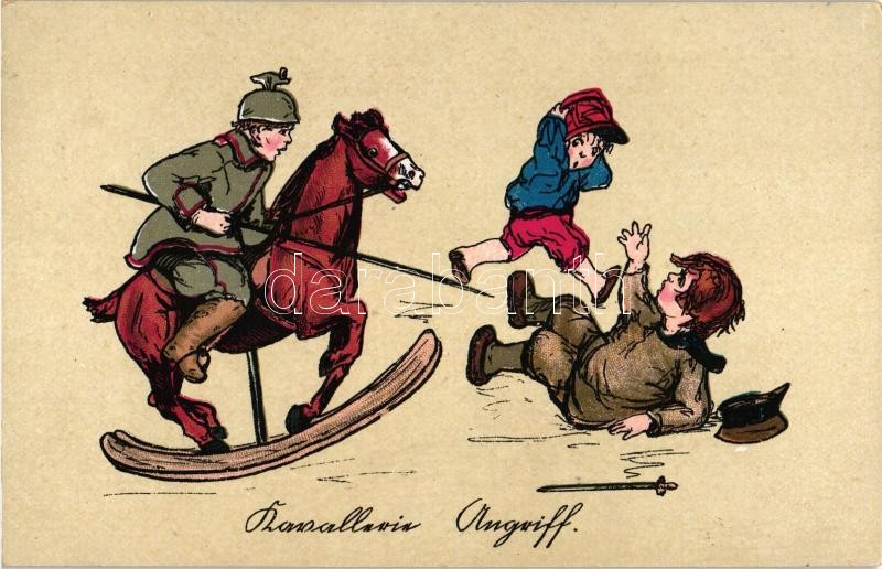 Német kis katona, gyerekek játszanak, litho, Wohlfahrts-Postkarte 'Kinderhort', Kavallerie Angriff / German children military, litho