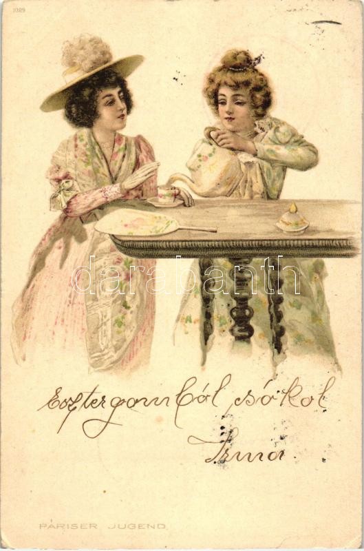 Párizsi fiatal hölgyek, litho, Pariser Jugend / French ladies from Paris, tea, litho