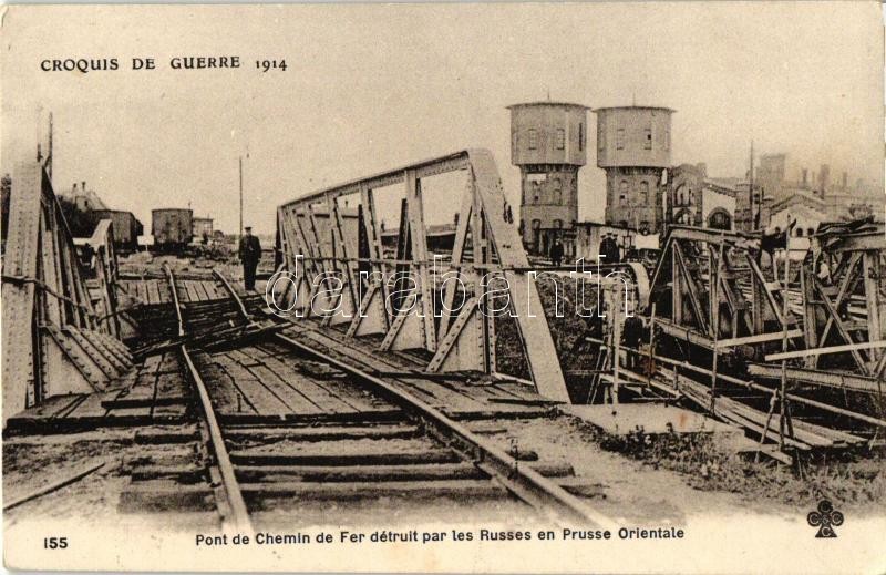 Croquis de Guerre 1914 / Railway bridge destroyed by the Russians in East Prussia, WWI, Croquis de Guerre 1914 / Első világháború, oroszok által lerombolt vasúti híd kelet Poroszországban