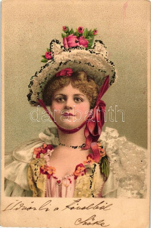 Nő virágos kalapban, litho, Lady, decorated litho