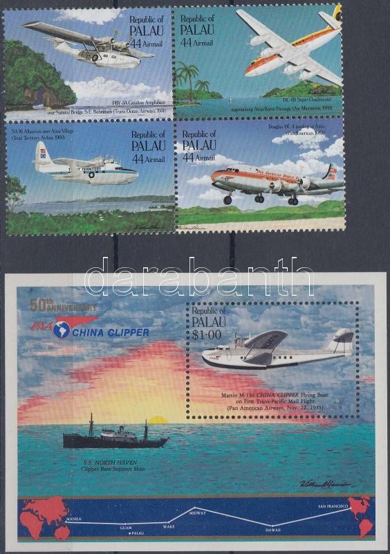 Légi posta a Csendes-óceán felett négyestömb + blokk, Air mail over the Pacific Ocean block of 4 + block