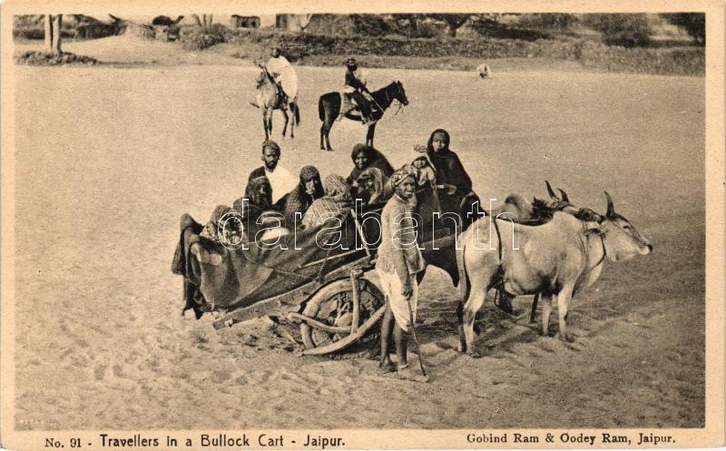 Travellers in a Bullock Cart, Jaipur; folklore, Utazók ökörfogaton, Dzsaipur; folklór