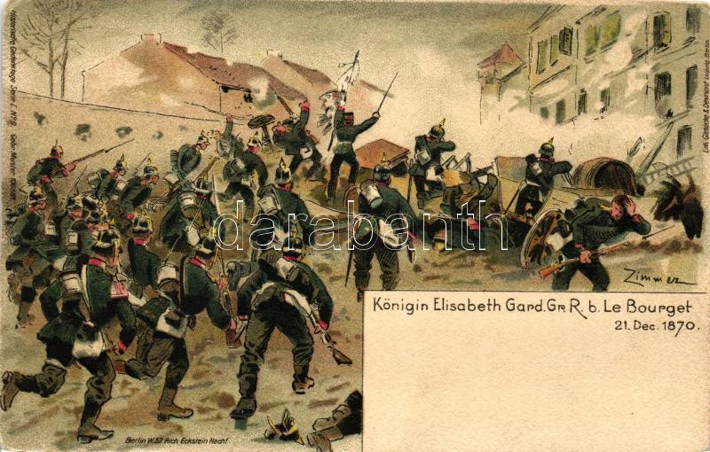 Königin Elisabeth Gard. Gr. R. b. Le Bourget 1870 / German historical battle scene, litho s: Zimmer, Német katonák csatában, 1870, litho s: Zimmer