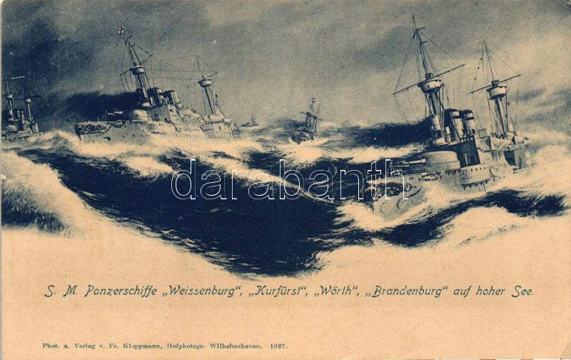 1908 SM Panzerschiffe "Weissenburg", "Kurfürst", "Wörth", "Brandenburg" auf hoher See; Verlag Kloppmann, 1908 "Weissenburg", "Kurfürst", "Wörth", "Brandenburg" német páncélos hajók a nyílt tengeren; Verlag Kloppmann