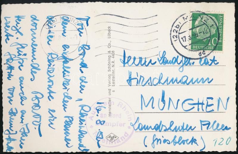 Postcard with Rhine ships cancellation, Képeslap Rajnai hajó bélyegzéssel