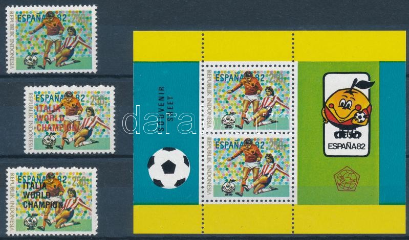 Football World Cup 3 diff stamps (2 overprinted) + block, Labdarúgó VB 3 klf bélyeg (közte 2 felülnyomott) + blokk