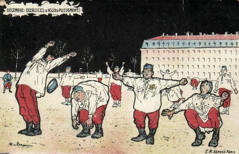 I. világháború francia hadsereg, humor, művész aláírásával, Decembre, Exercices d'assouplissements / WWI French military humour, artist signed