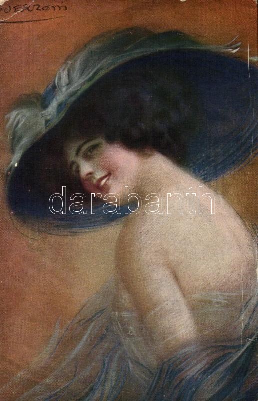 Lady, Italian art postcard, A. Scrocchi 2687-3. s: Guerzoni, Kalapos hölgy, olasz művészlap, A. Scrocchi 2687-3. s: Guerzoni
