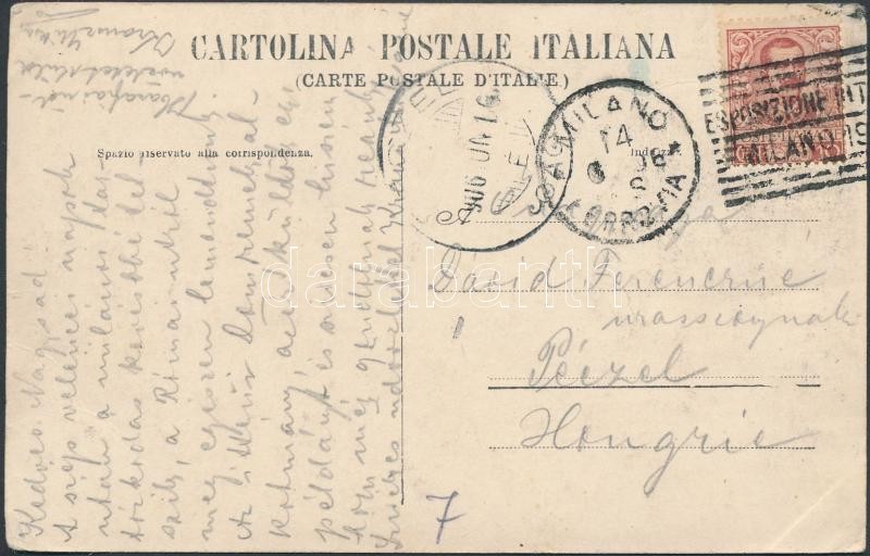 Képeslap a milánói nemzetközi kiállítás alkalmi bélyegzőjével, Postcard with occasional cancellation of Milan international stamp exhibition