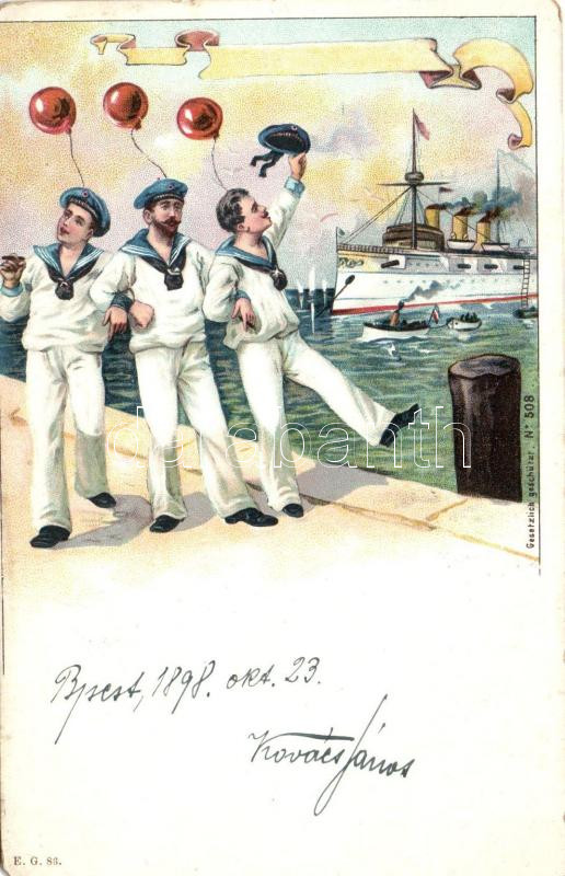 1898 Drunk mariners, humour, litho, 1898 Részeg tengerészek, humor, litho