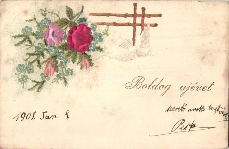 Flowers, dove, Emb. litho silk card, Üdvözlőlap, Emb. litho, selymezett kártya