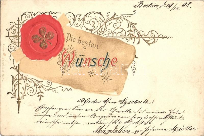 Die besten Wünsche / Greeting card, Art Nouveau Emb. litho, A legjobb kívánságokat, Art Nouveau Emb. litho