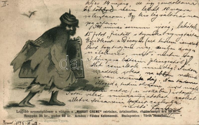 1899 Czigányéletből - Margit Creme reklám, Rigler Rt. litho, 1899 Zigeuner-Typen / wandering gypsy, litho