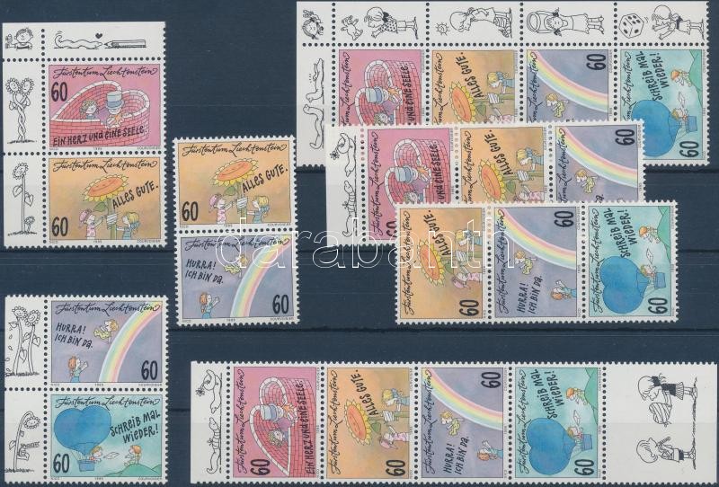 Greeting Stamps set with different relations, Üdvözlőbélyegek sor különböző összefüggésekben (3 pár, 2 hármascsík, 2 négyescsík, közte ívszéli, ívsarki és szelvényes összefüggések)