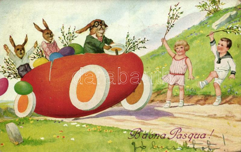 Buona Pasqua / Easter greeting card, rabbit automobile, humour, Autót vezető nyulak, humoros olasz nyelvű húsvéti üdvözlőlap