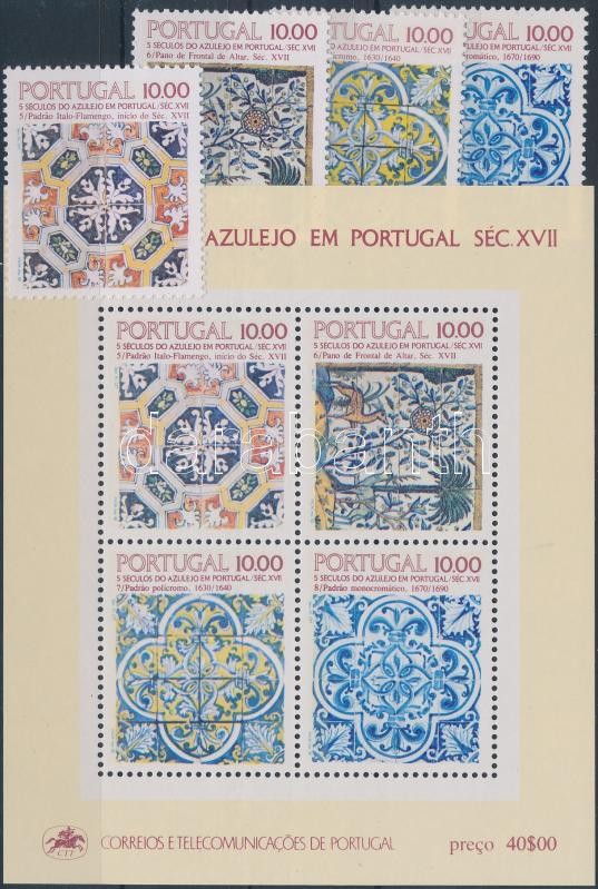 Azulejo (V-III) 4 diff stamps + block, Azulejo (V-III) 4 klf bélyeg + blokk