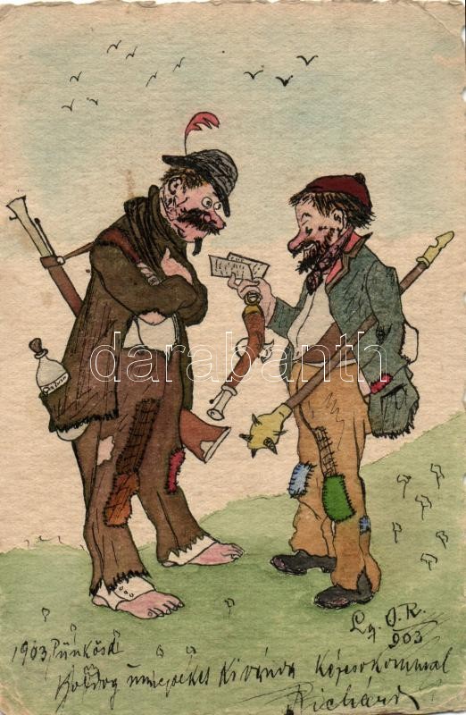 Vadászok, kézzel festett képeslap., Hunters, hand-painted postcard