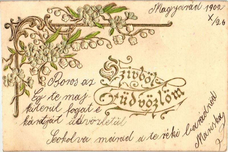 Greeting card, floral, golden Emb. (cut), Üdvözlőlap, aranyozott, Emb. (cut)