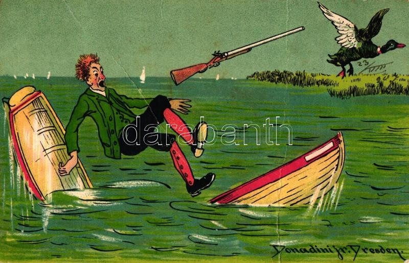 Hunter, duck, humour, K& B.D. Serie 4567. litho s: Donadini, Humoros vadász képeslap, K& B.D. Serie 4567. litho s: Donadini