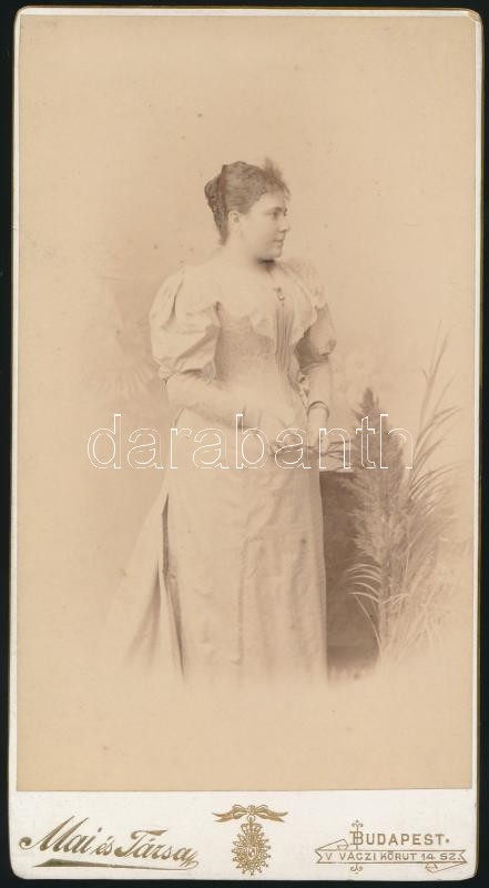 cca 1896 Mai és Társa (Budapest) műtermi, keményhátú fotó egy hölgyről, hátoldalán kiállítási eredményekkel, 20x11 cm