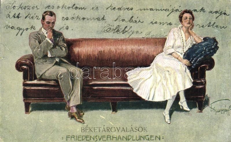 Friedensverhandlungen / couple, romantic postcard, humour, 'Béketárgyalások', humoros művészlap