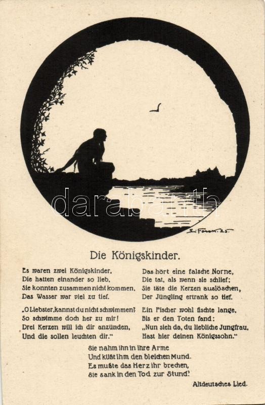 Der Königskinder / Silhouette art postcard, Künstler-Schattenbilder s: Elsbeth Forck, Sziluettes művészeti képeslap. Künstler-Schattenbilder s: Elsbeth Forck