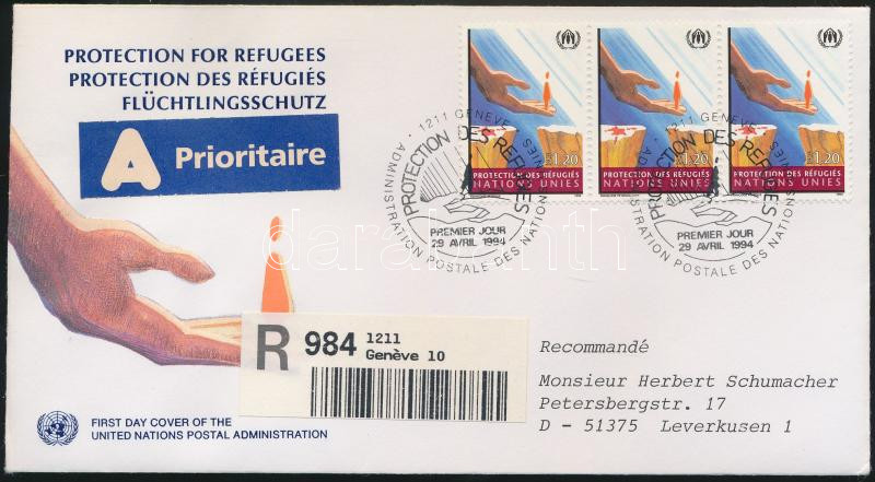 Menekültek védelme hármascsík FDC-n, Protection of refugees stripe of 3 on FDC