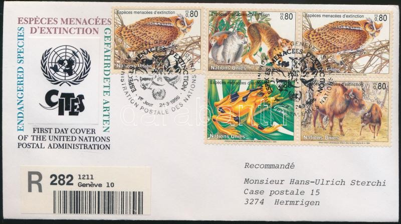 Endangered animals block of 5 on FDC, Veszélyeztetett állatok ötöstömb FDC-n