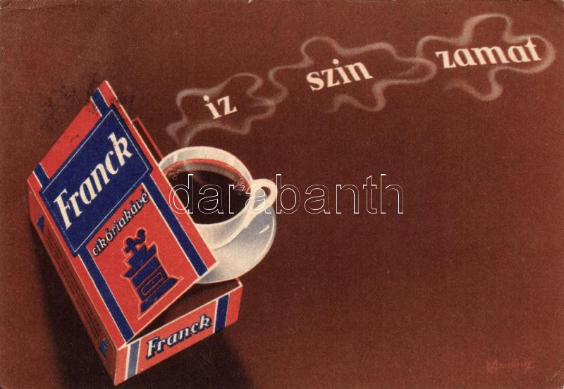 Hungarian chicory coffee advertisement, So. Stpl s: Macskássy, Franck cikóriakávé reklám, Budapesti Áruminta-vásár, So. Stpl s: Macskássy