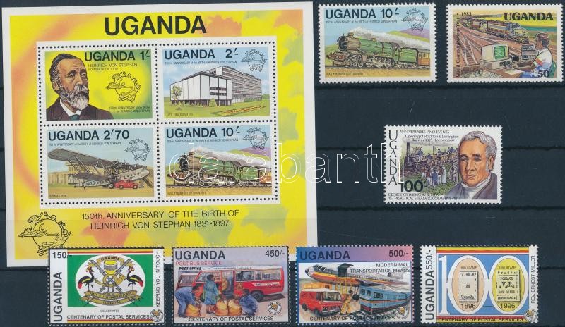 Uganda Mozdony motívum 7 klf bélyeg + 1 blokk, Uganda, Locomotive 7 diff stamps + 1 block