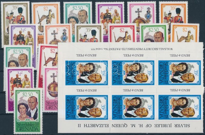 1975-1977 17 stamps + sheet piece of 6 + 6 mini sheets, 1975-1977 17 klf bélyeg, 1 hatos füzetösszefüggés és 6 db kisív 2 stecklapon