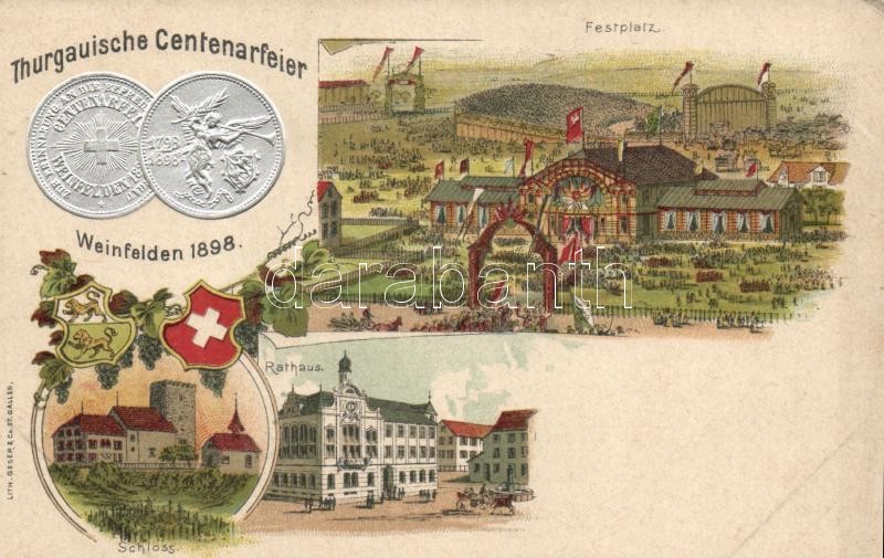 1898 Weinfelden, Thurgauische Centenarfeier / anniversary festival, Emb. coins Lith. Geser & Co. litho